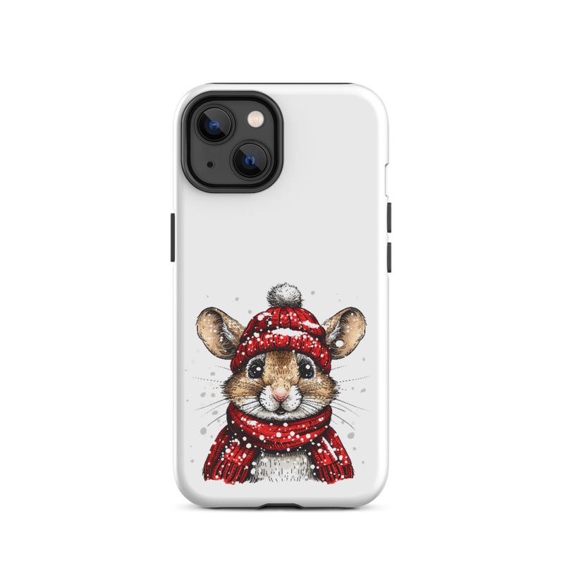 Tough Case for iPhone, Mouse wearing red winter hat and scarf in the snow, xg8dl3