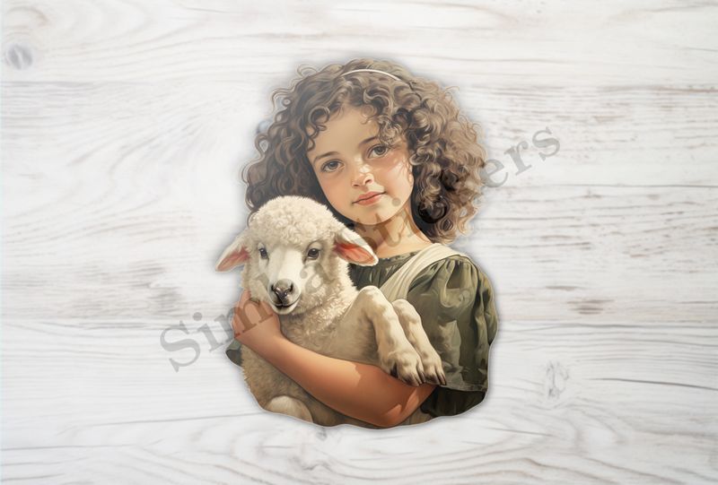 Cute lamb in the arms of small Mediterranean girl, vintage