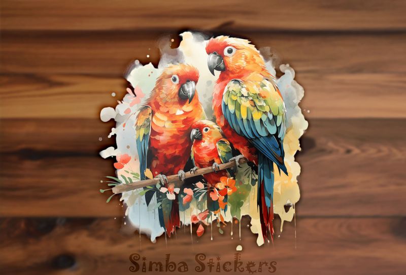 Parrots in love with youngling in between them, 910piu