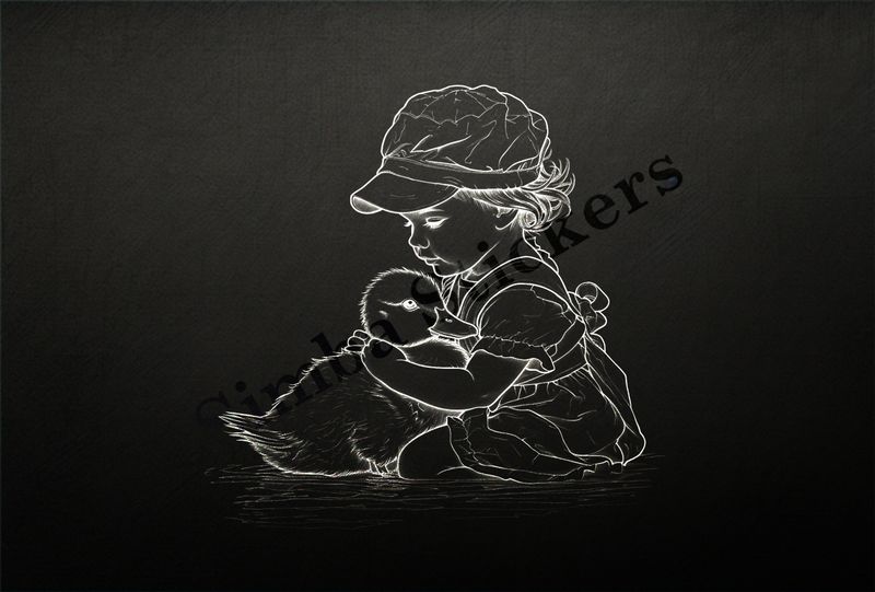 Small girl hugging duckling in a pond wearing a cap, outline art