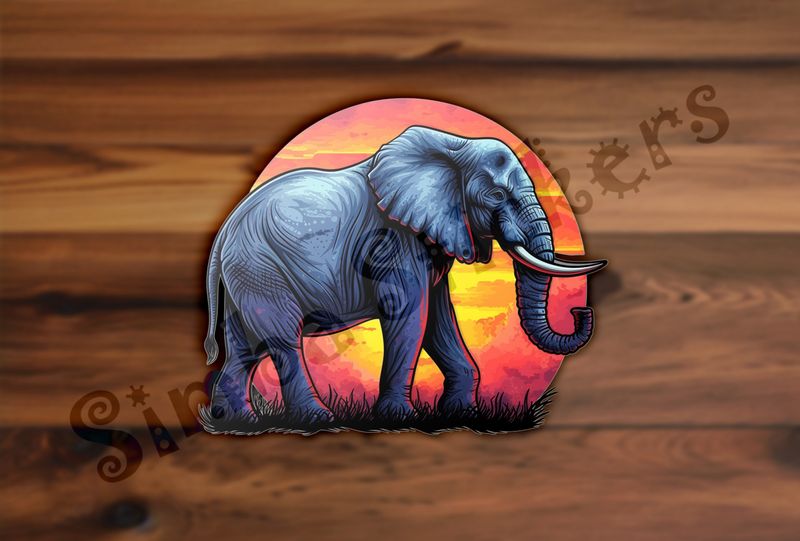 Elephant walking in front of sunset, watercolour