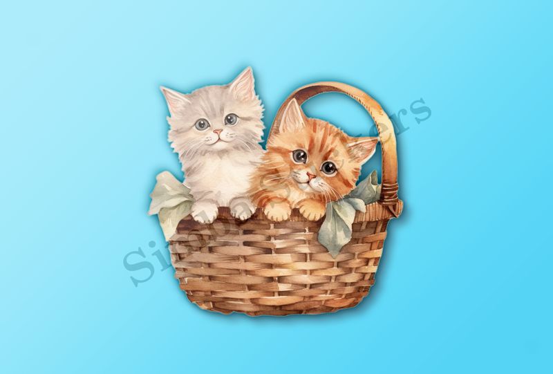 Two kittens in a leafy basket, vintage watercolour
