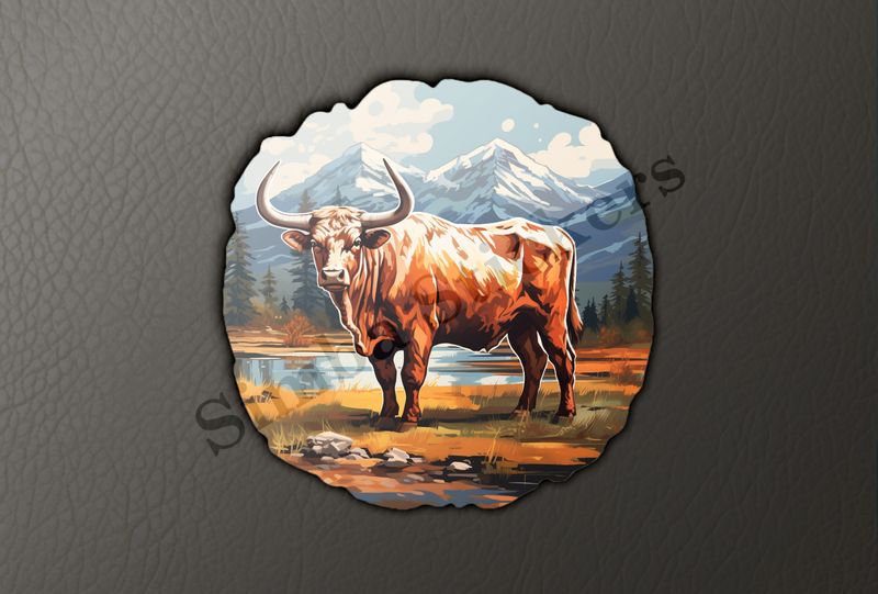 Bull grazing, mountains in background, oil painting