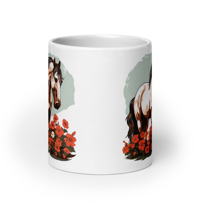 White Glossy Mug, 20oz, Brown horse in field of red flowers, n4w2fj