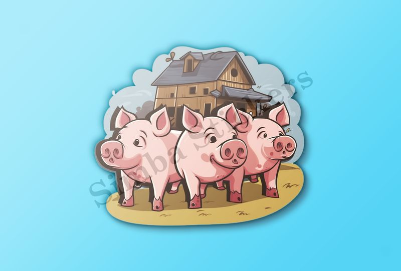 Three pigs in front of a wooden house