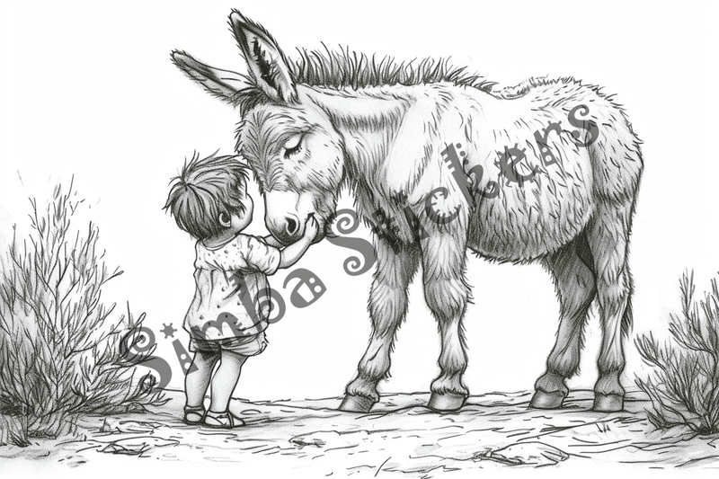 Colouring pages, bundle of donkeys with children, 10 images