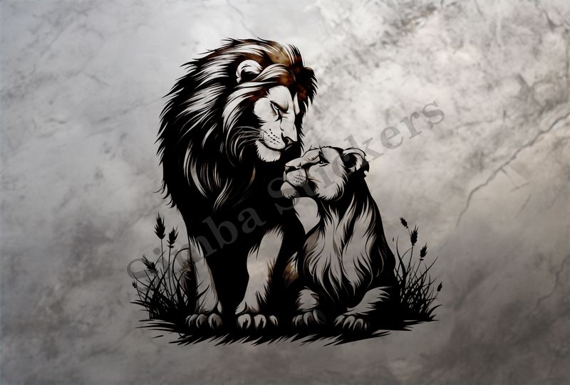 Lioness cuddling and looking up to lion ,  outline art