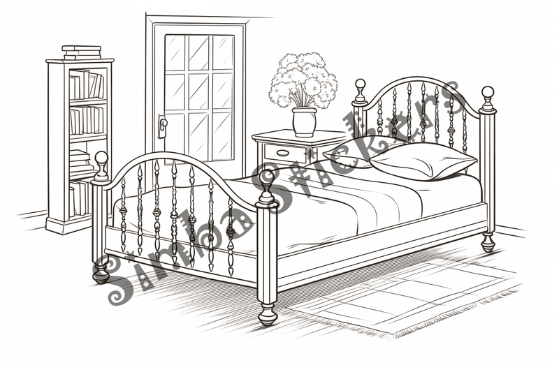 Colouring pages, bundle of house bedrooms, simple, 10 images