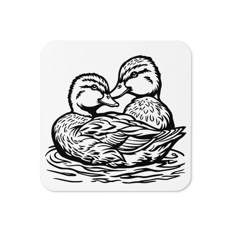 Cork-Back Coaster, Ducks beak-to-beak in a pond, in partial-embrace, outline art 