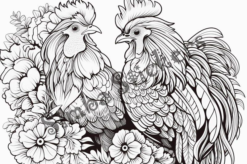 Colouring pages, bundle of chicken in love, mostly in flowers, 10 images