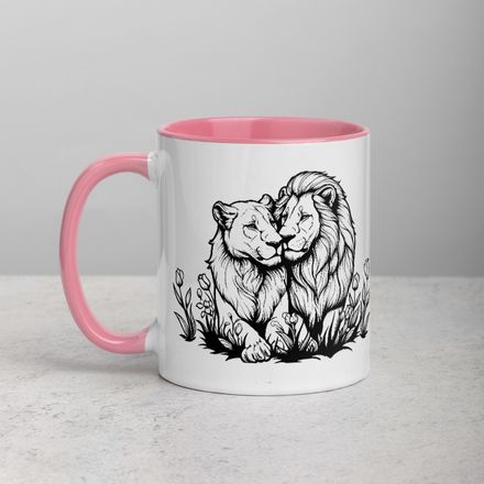 White Ceramic Mug with Color Inside,11&amp;15oz, Male lion with lioness, outline art, kbdgyu 