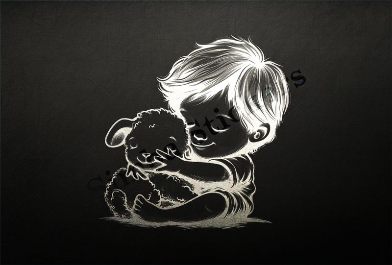 Small lamb hugged by sitting little girl , outline art