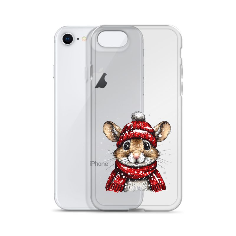 Clear Case for iPhone, Mouse wearing red winter hat and scarf in the snow, xg8dl3