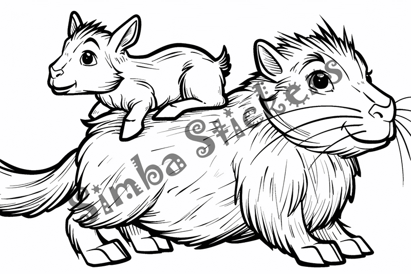 Colouring pages, bundle of capybaras with animals on back, 10 images