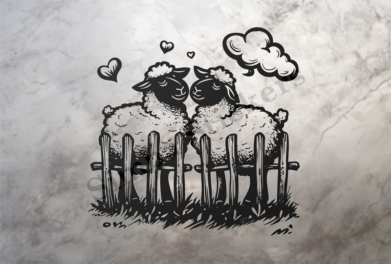 Sheep in love behind a fence, outline art