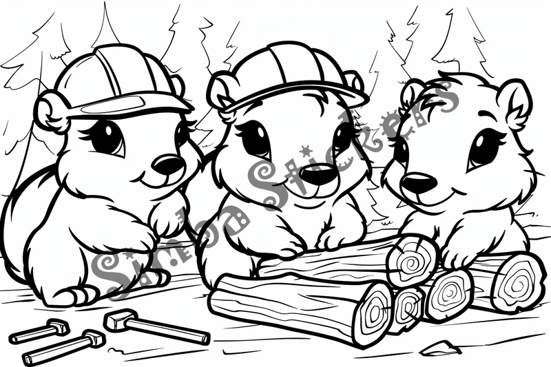 Colouring pages, bundle of beavers building beaver dam, 10 images