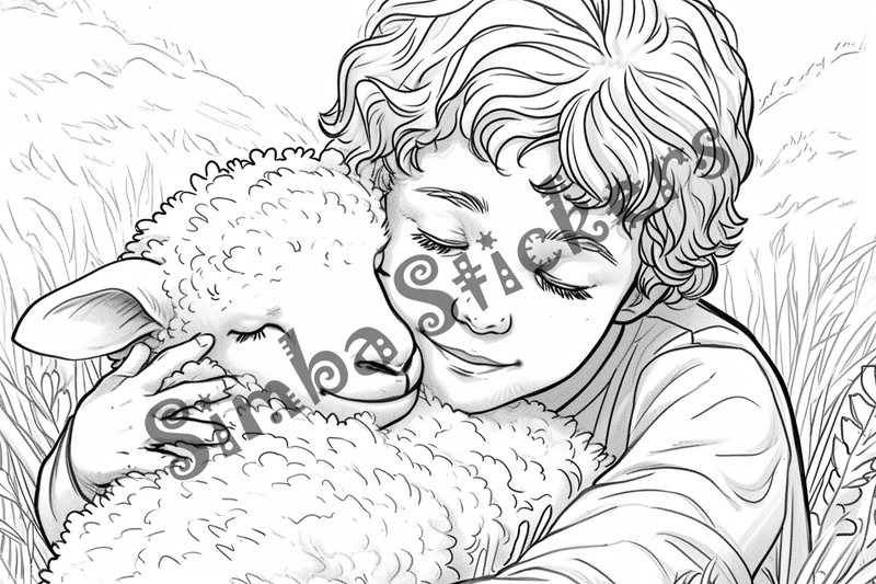 Colouring pages, bundle of sheep hugged by child, 10 images