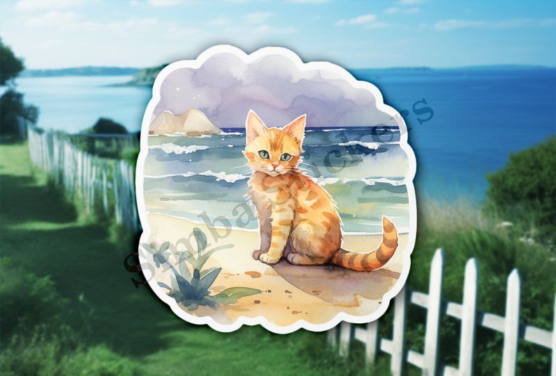 Cat on the beach, watercolour