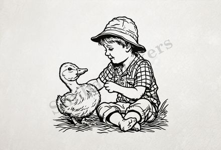 Duck petted by small boy in fishing hat, outline art