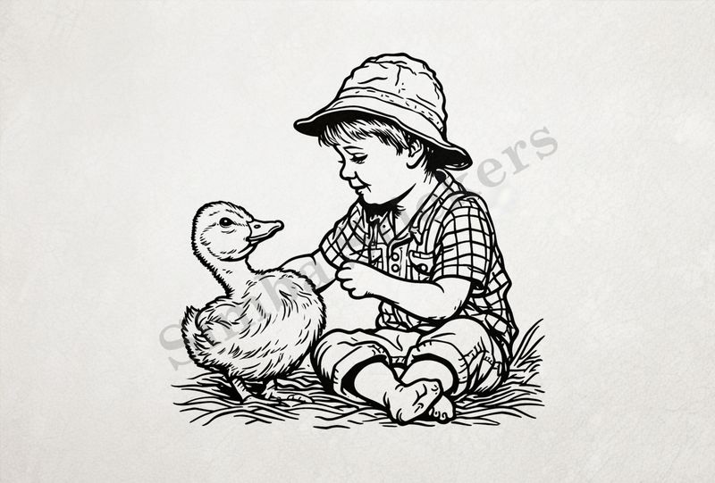 Duck petted by small boy in fishing hat, outline art