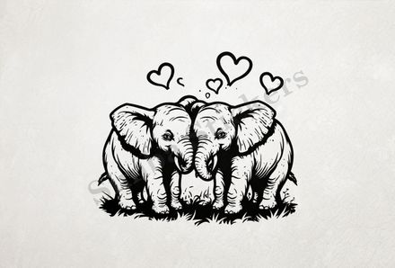 Child elephants in love, romantic hearts, outline art