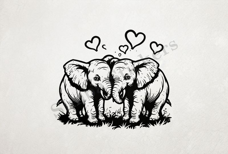 Child elephants in love, romantic hearts, outline art