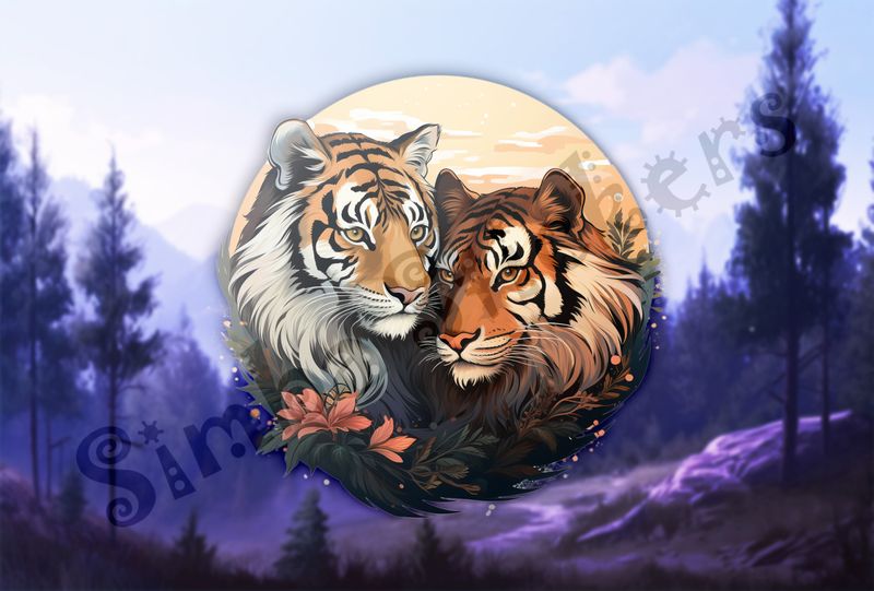 Tigers in love in dark leaves