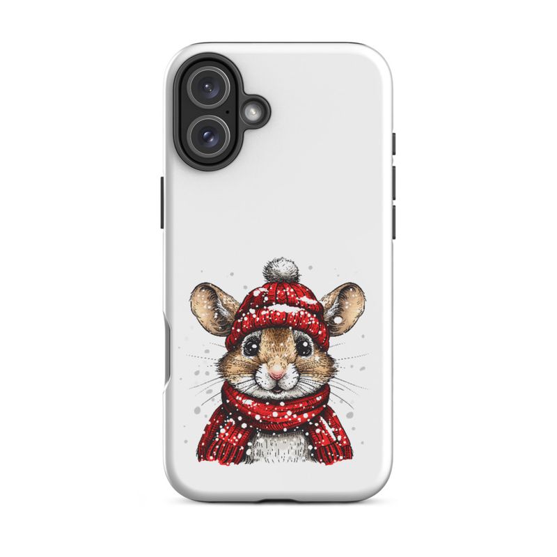 Tough Case for iPhone, Mouse wearing red winter hat and scarf in the snow, xg8dl3