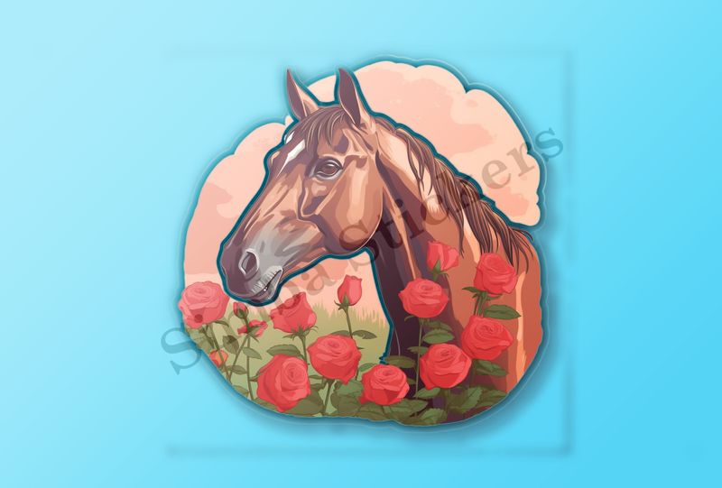 Brown horse smelling red roses