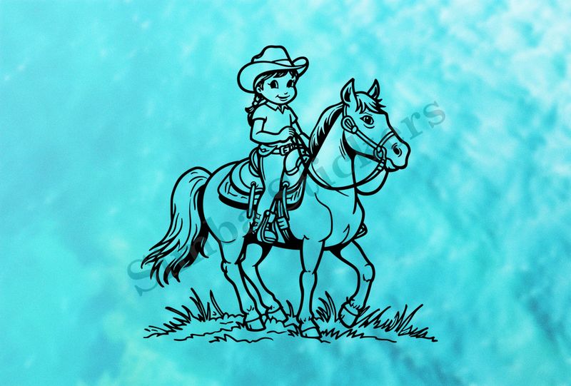 Horse carrying a small girl in a cowgirl hat, outline art