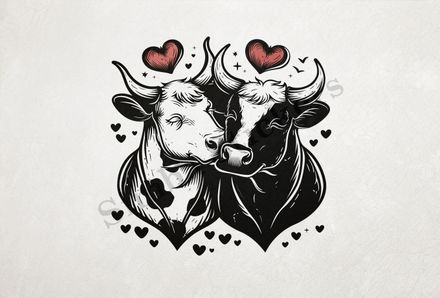 Bull and cow in love , hearts floating above outline art