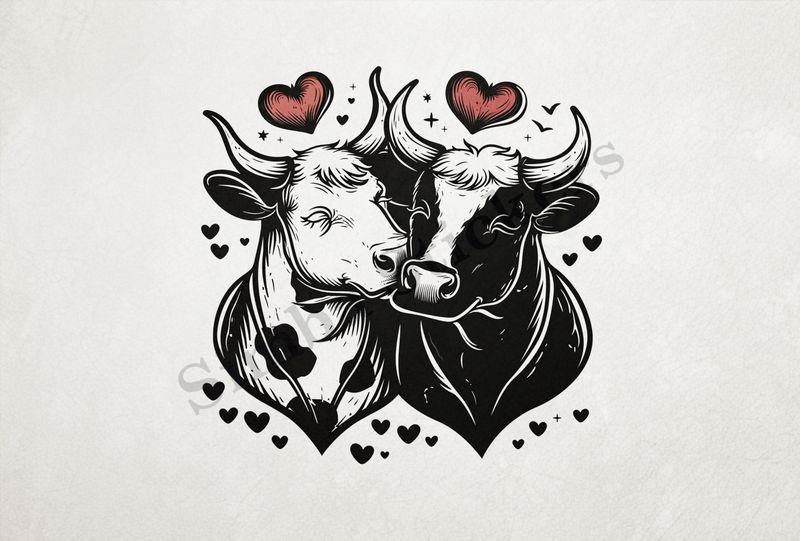 Bull and cow in love , hearts floating above outline art