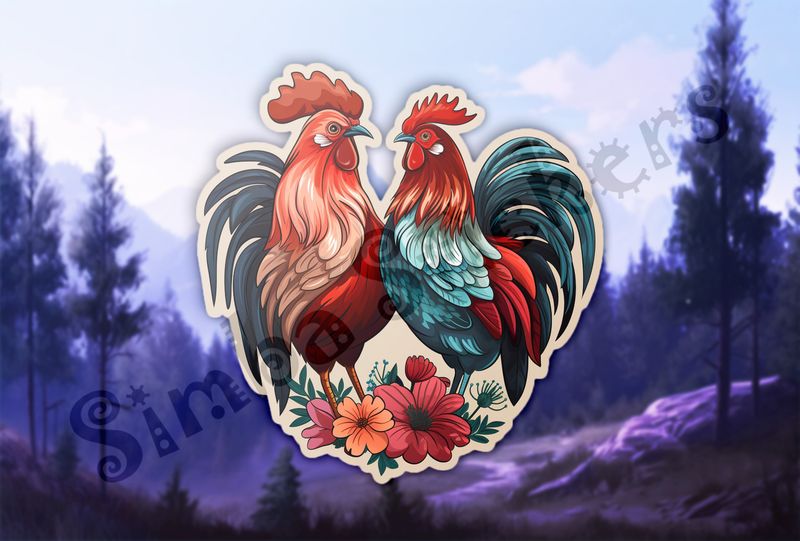 Hen and rooster chicken in love , flowers at their feet