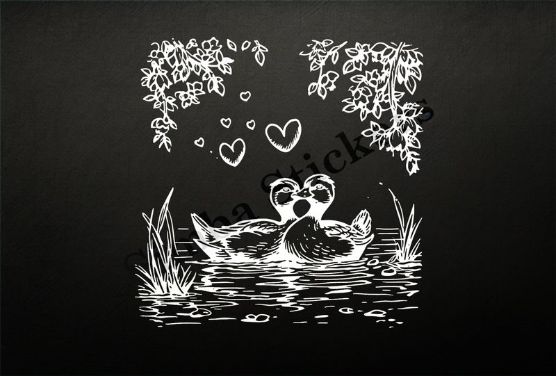 Ducks in love in a pond, under branches, outline art