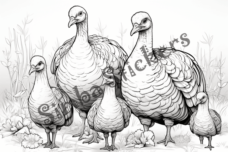 Colouring pages, bundle of turkey mother with poults, 10 images