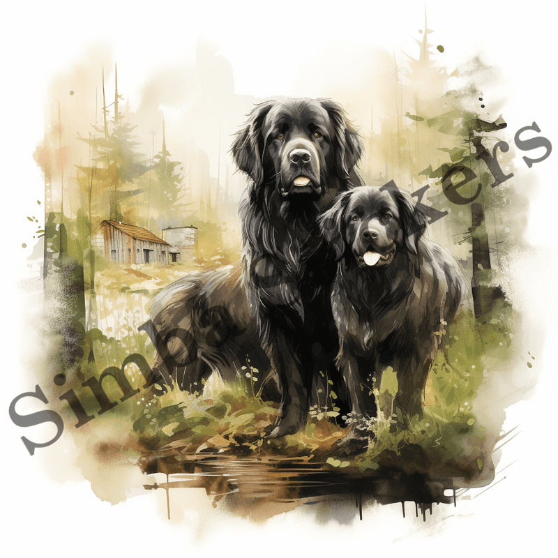 Newfoundland dogs, watercolour, image set, 10 images
