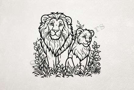 Lion and lioness in the green, outline art