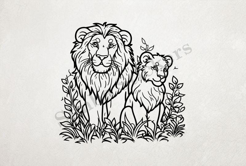 Lion and lioness in the green, outline art