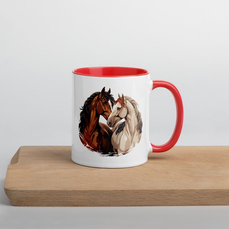 White Ceramic Mug with Color Inside, 11&amp;15oz, Horses nose-to-nose, jbgjpy