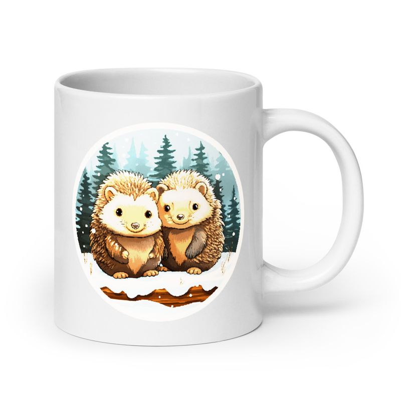 White Glossy Mug, 20oz, Cute Porcupines in the snow, circled 