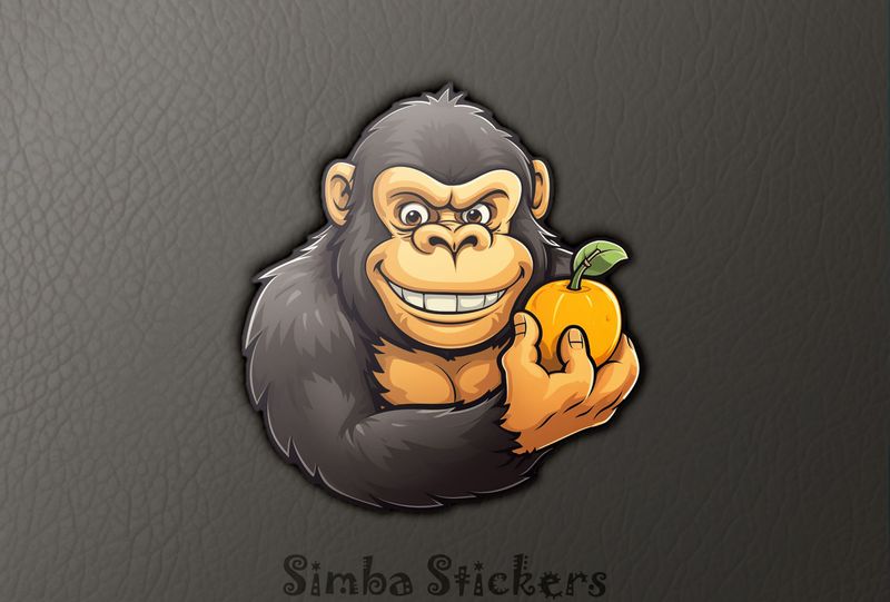 Gorilla holding a fruit and smiling broadly, 6jojkc