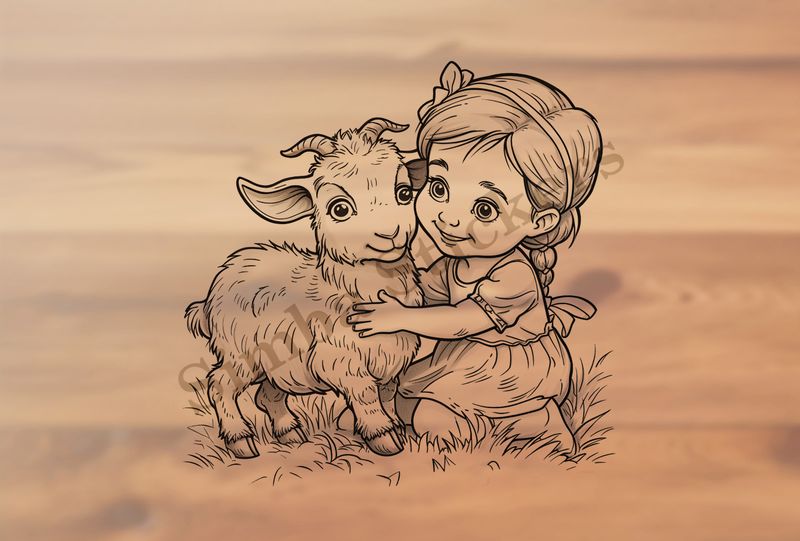 Goat kid hugged by small girl with braided hair and bow, outline art