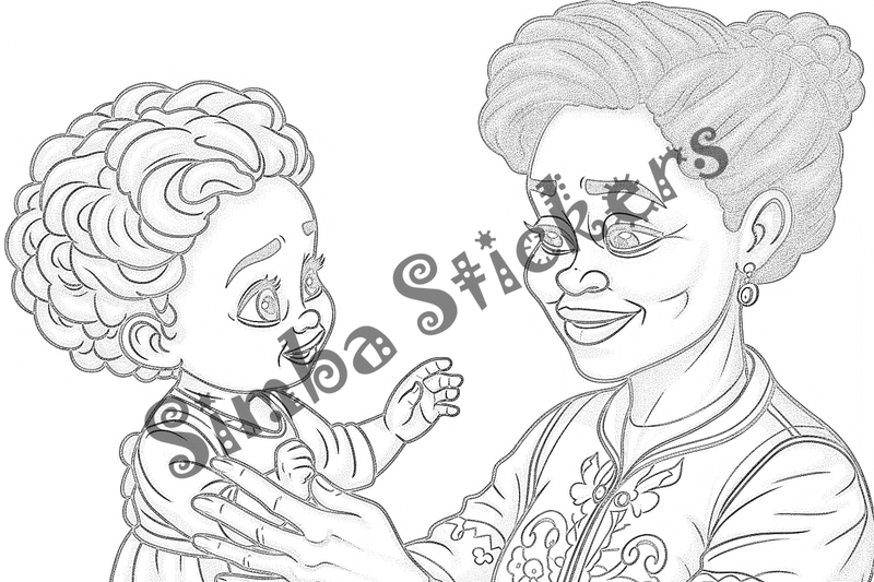 Colouring pages, bundle of people, grandmother with child, 10 images