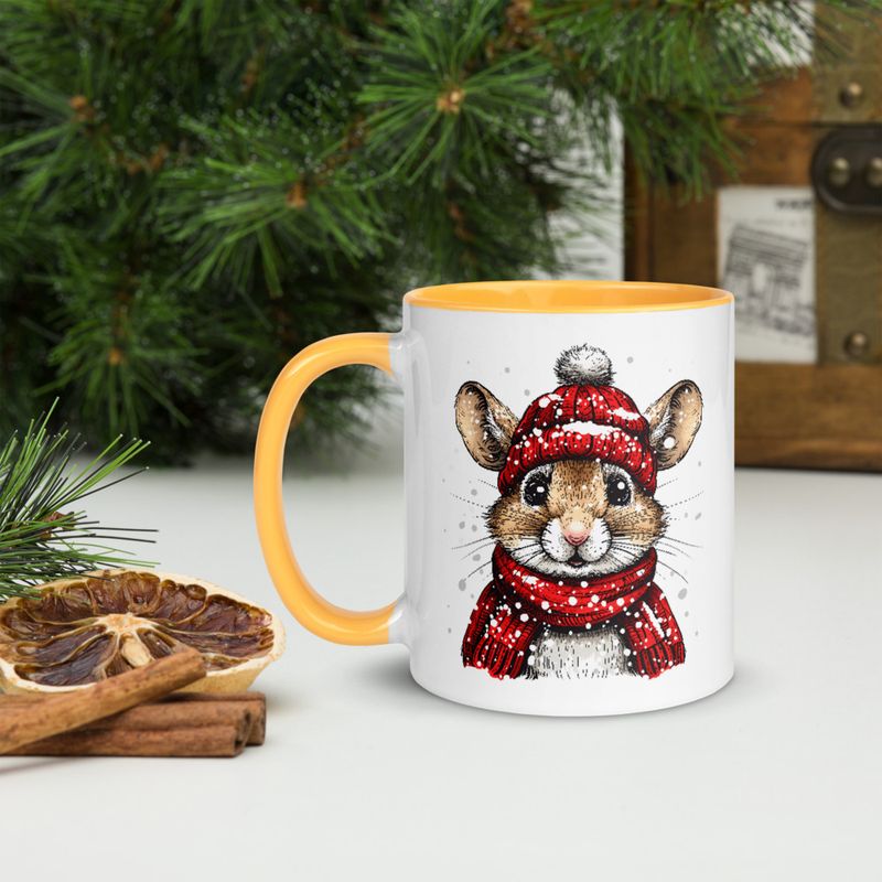 White Ceramic Mug with Color Inside, 11&amp;15oz, Mouse wearing red winter hat and scarf in snow, xg8dl3
