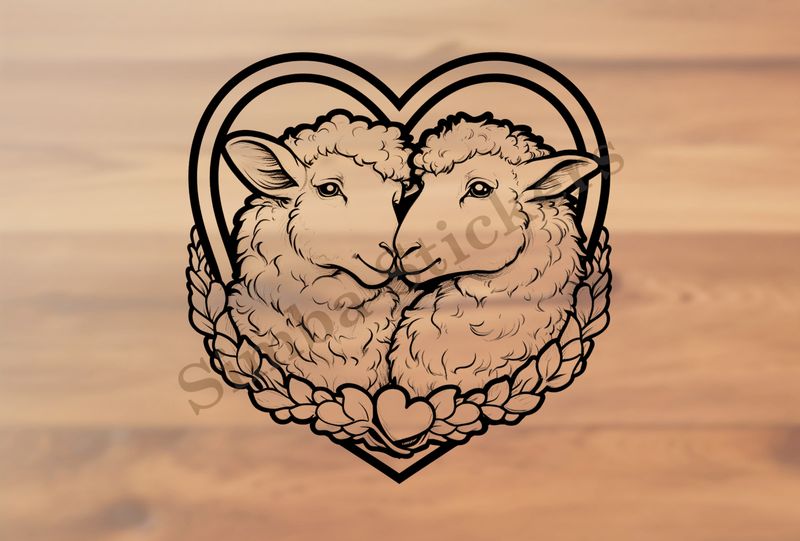 Sheep in love, under heart-shaped frame, outline art