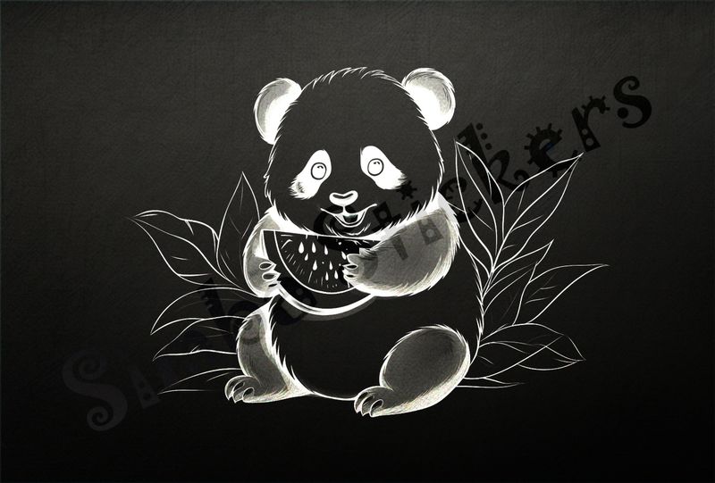 Panda happy holding watermelon, outline art, 9tbptt