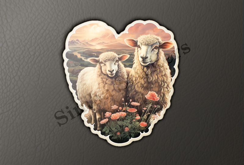 Sheep ewe and ram in love, picturesque background, vintage