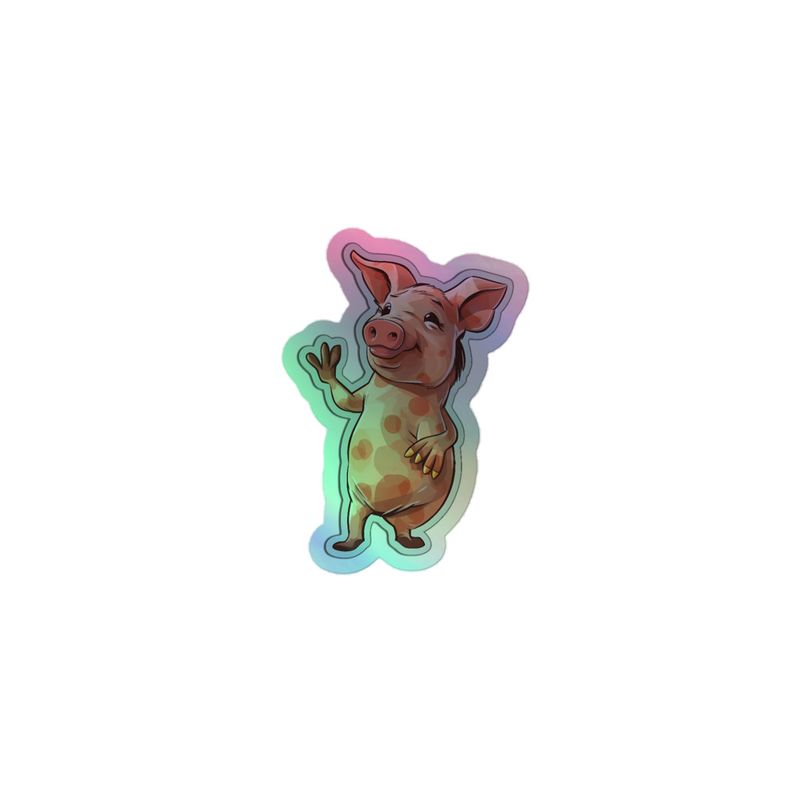 Kiss-Cut Holographic Stickers,  Standing pig waving, multiple sizes, mirrored