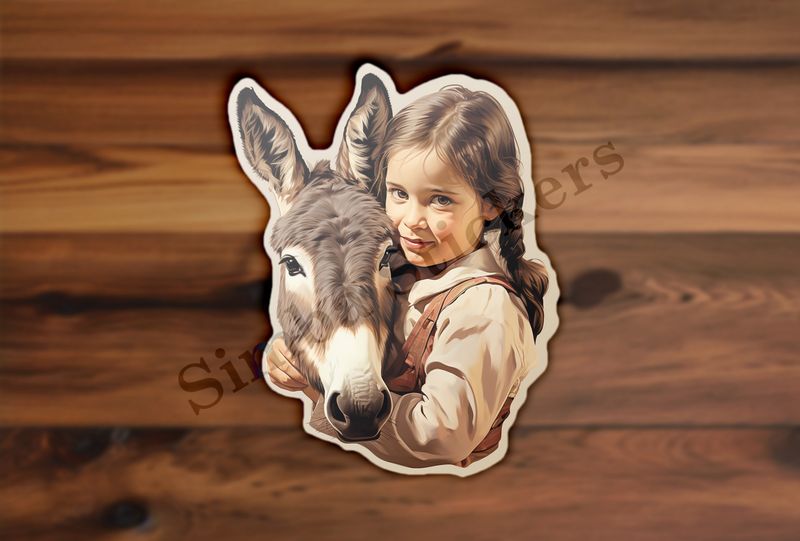Donkey held by small girl of European origin iin cowgirlish clothes