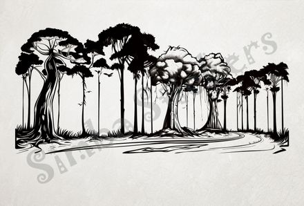 Equatorial Rainforest landscape, tall trees and winding road, outline art